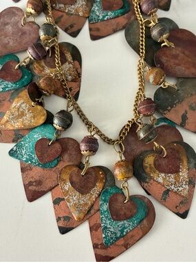 Vintage Handcrafted Multicolor Mixed Metal Heart Pendant Necklace & Earring Set